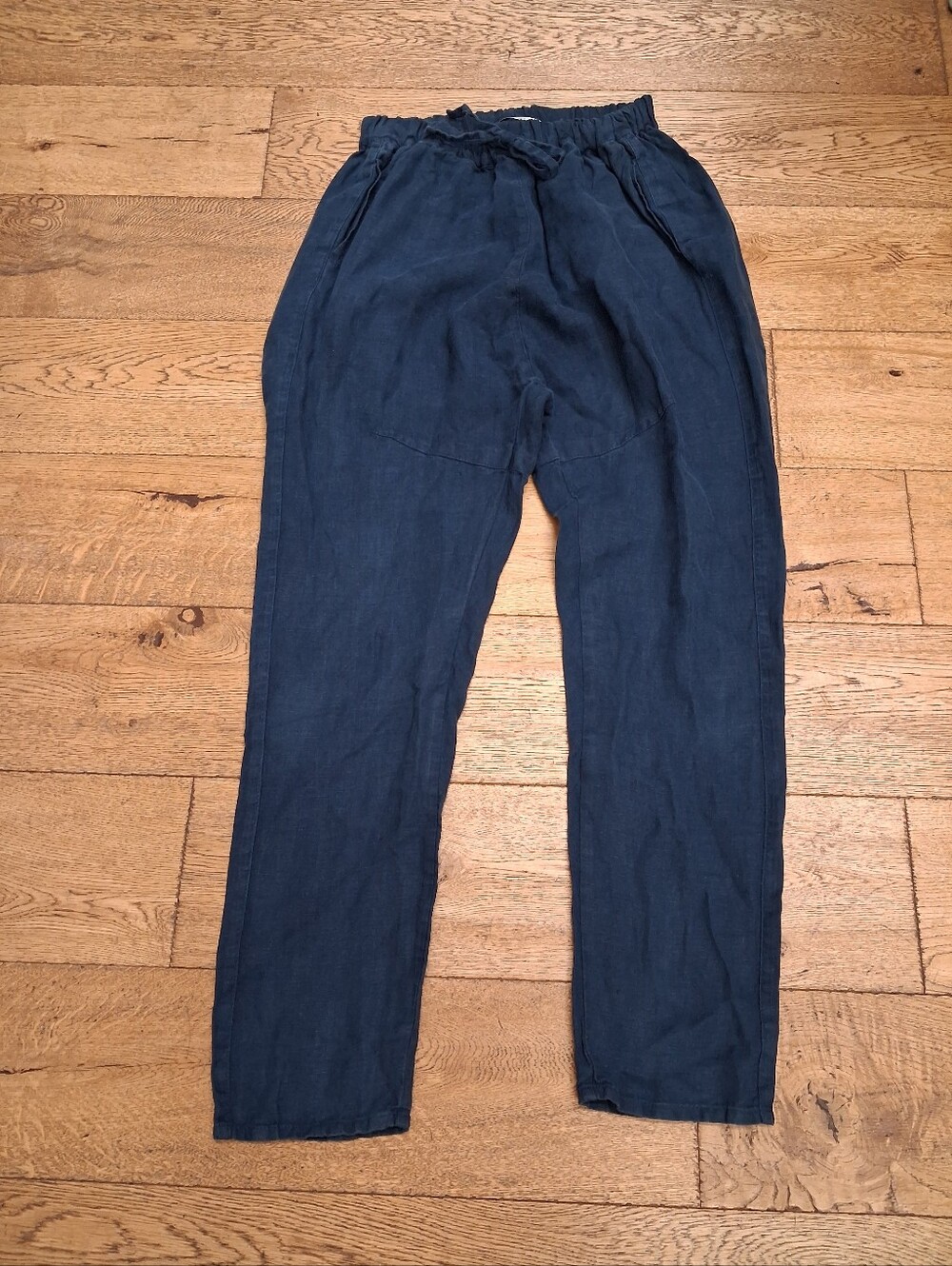 LINEN FOX Pants Linen Tapered High Rise Elastic Waist Ankle Blue Size Small